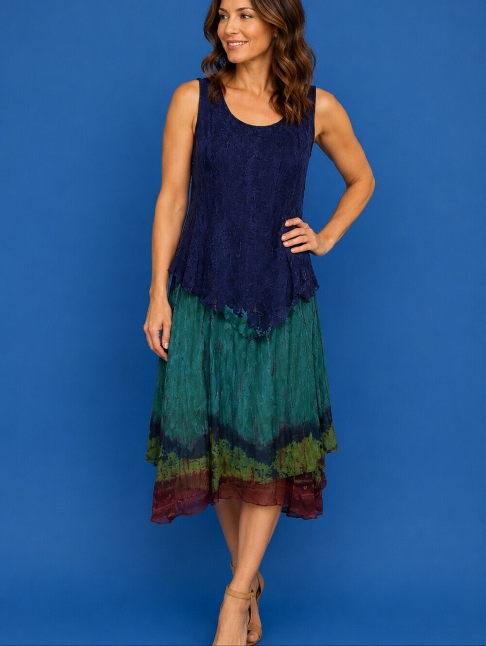 VTG PHOOL Layered Batik Handkerchief Chiffon Drop Waist Artsy Tank Dress